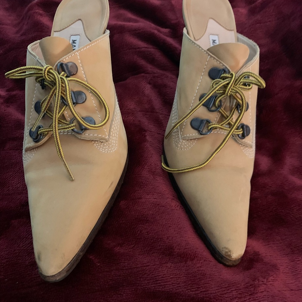 Manolo Blahnik Tan Suede Slides